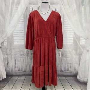 Moa Moa Plus Size 1X Red Corduroy Dress V Neck 3/4 Sleeve Pullover Fit & Flare